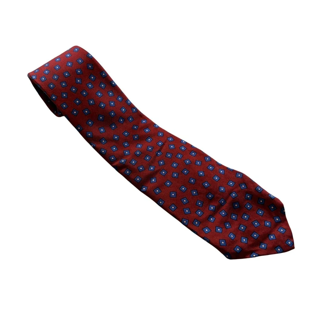 Brooks Brothers Makers Silk Tie‎ Mens Burgundy Blue Geometric Square Classic USA